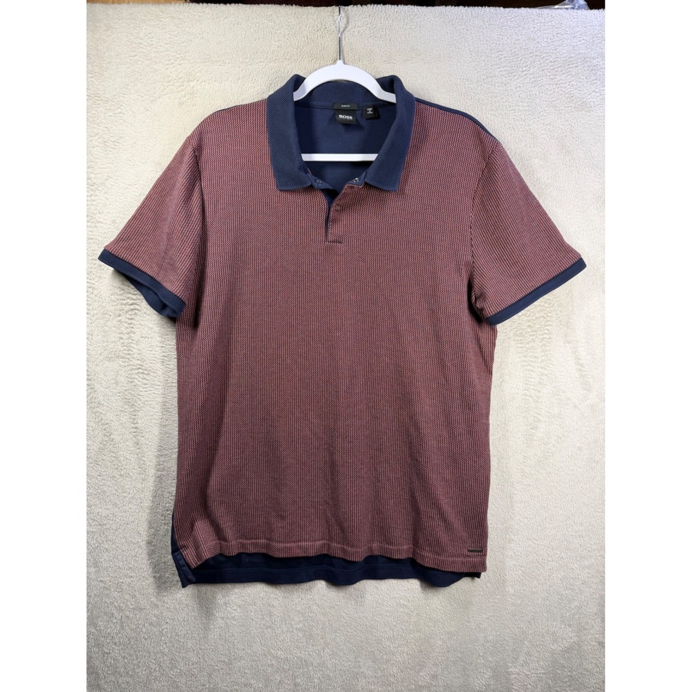 Hugo Boss Slim Fit Polo Shirt Mens XXL Red Navy Textured Cotton Short Sleeve